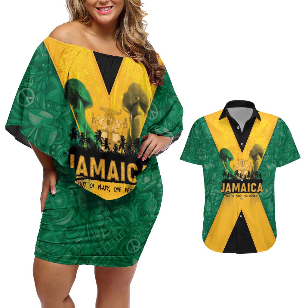 Jamaica Emancipation Day Couples Matching Off Shoulder Short Dress and Hawaiian Shirt Wi Likkle But Wi Tallawah - Wonder Print Shop
