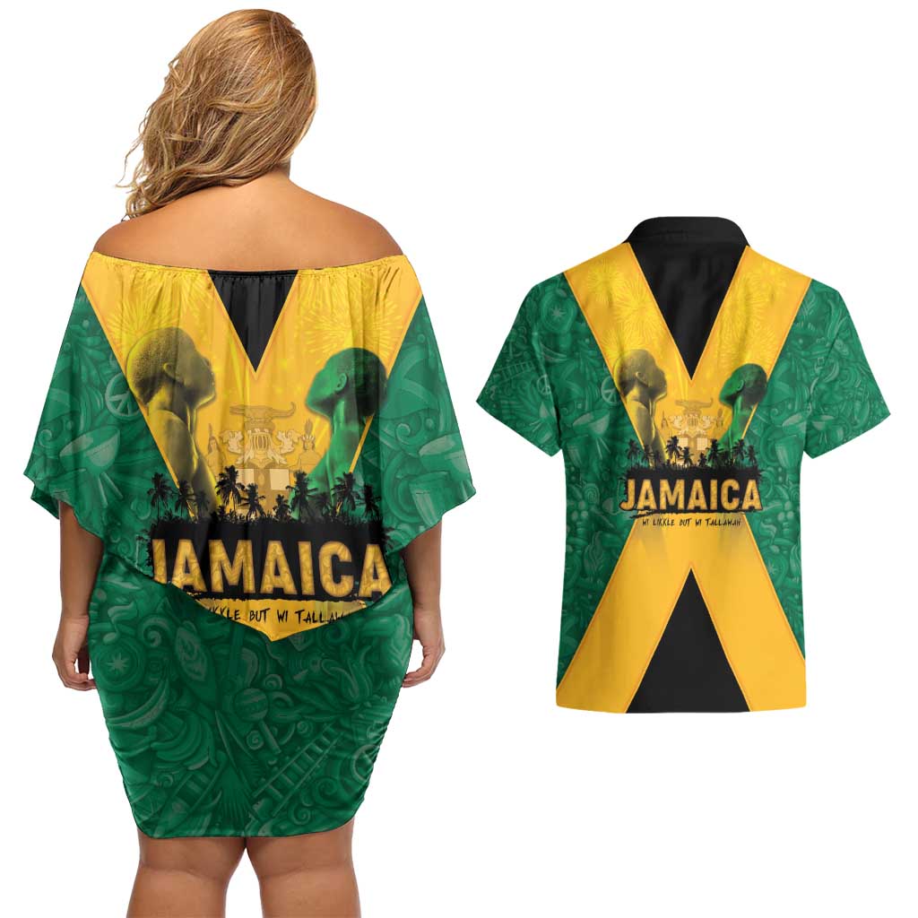 Jamaica Emancipation Day Couples Matching Off Shoulder Short Dress and Hawaiian Shirt Wi Likkle But Wi Tallawah - Wonder Print Shop