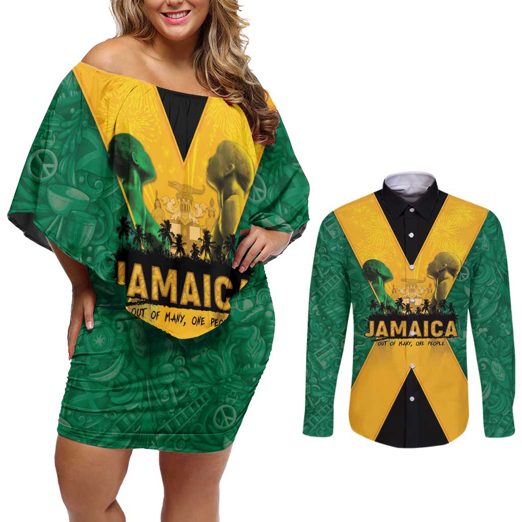 Jamaica Emancipation Day Couples Matching Off Shoulder Short Dress and Long Sleeve Button Shirt Wi Likkle But Wi Tallawah - Wonder Print Shop