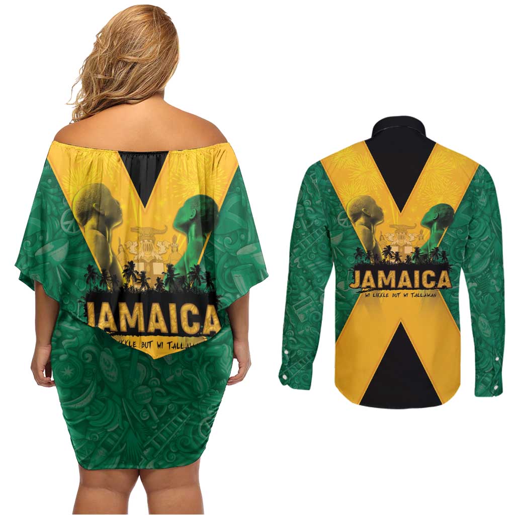 Jamaica Emancipation Day Couples Matching Off Shoulder Short Dress and Long Sleeve Button Shirt Wi Likkle But Wi Tallawah - Wonder Print Shop