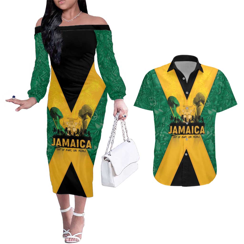 Jamaica Emancipation Day Couples Matching Off The Shoulder Long Sleeve Dress and Hawaiian Shirt Wi Likkle But Wi Tallawah - Wonder Print Shop