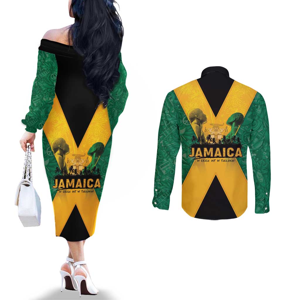 Jamaica Emancipation Day Couples Matching Off The Shoulder Long Sleeve Dress and Long Sleeve Button Shirt Wi Likkle But Wi Tallawah - Wonder Print Shop