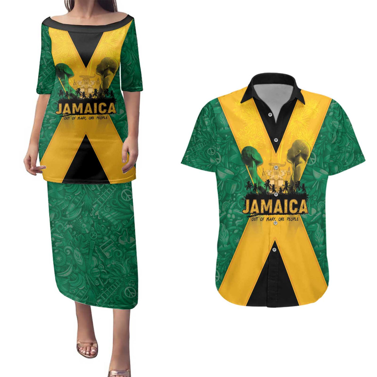 Jamaica Emancipation Day Couples Matching Puletasi and Hawaiian Shirt Wi Likkle But Wi Tallawah - Wonder Print Shop