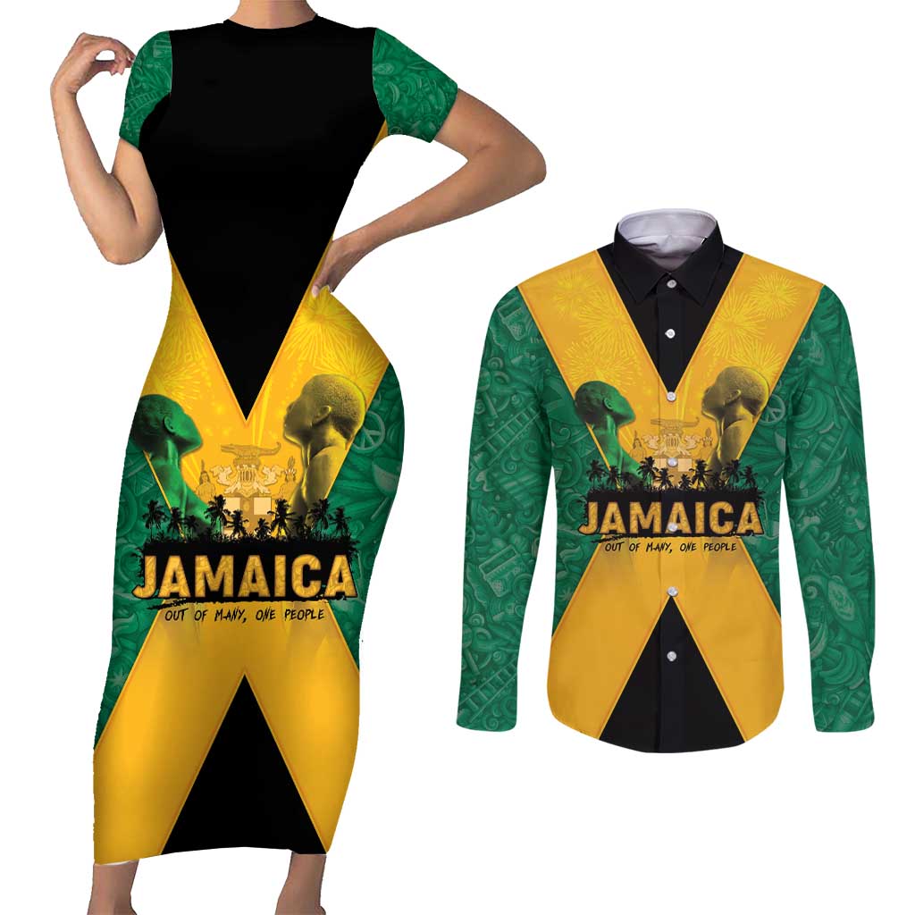Jamaica Emancipation Day Couples Matching Short Sleeve Bodycon Dress and Long Sleeve Button Shirt Wi Likkle But Wi Tallawah - Wonder Print Shop
