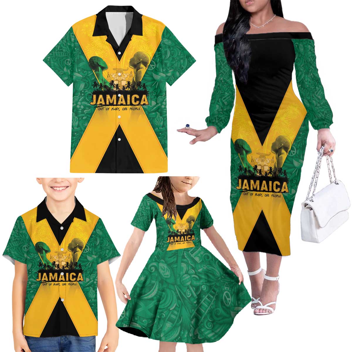 Jamaica Emancipation Day Family Matching Off The Shoulder Long Sleeve Dress and Hawaiian Shirt Wi Likkle But Wi Tallawah - Wonder Print Shop