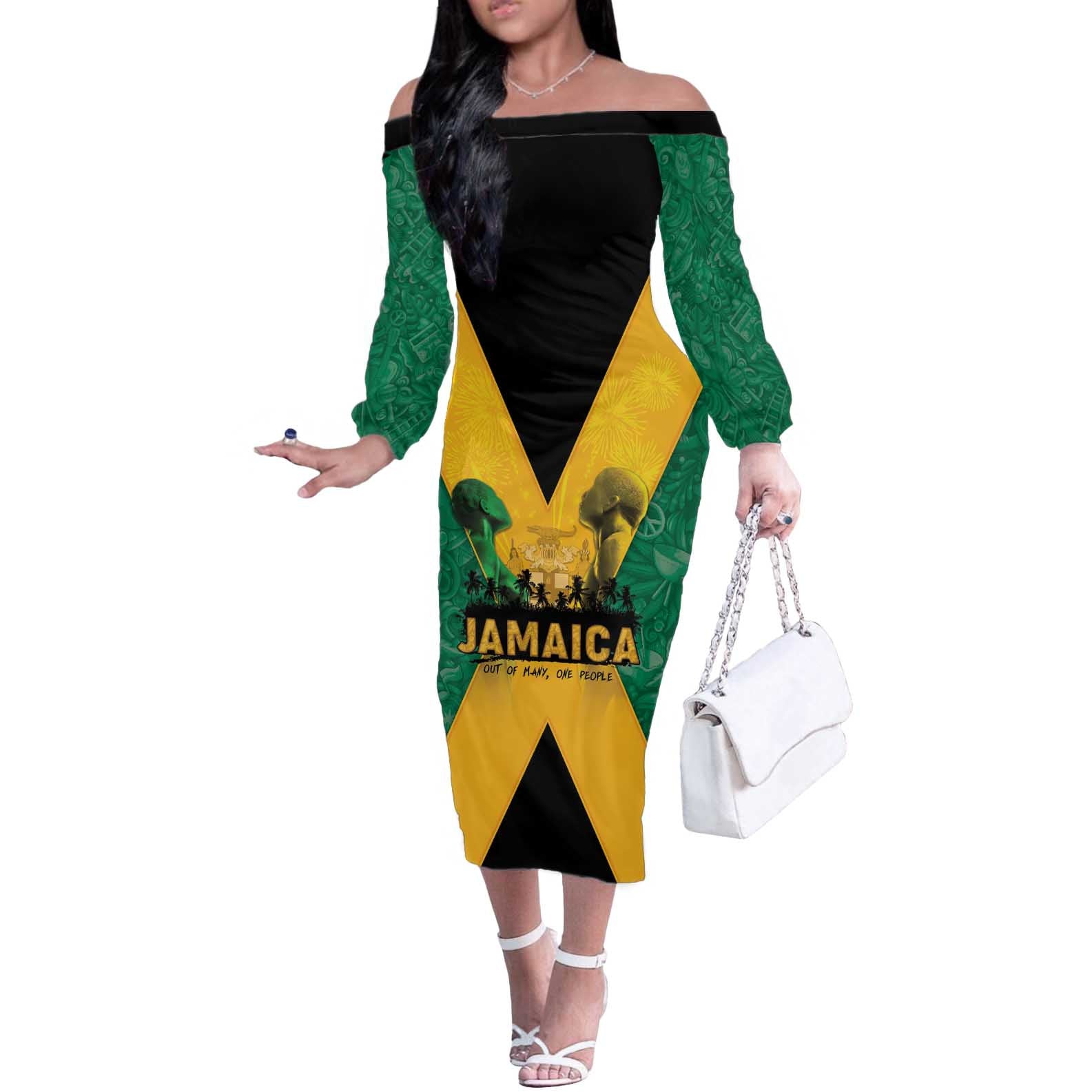 Jamaica Emancipation Day Off The Shoulder Long Sleeve Dress Wi Likkle But Wi Tallawah - Wonder Print Shop
