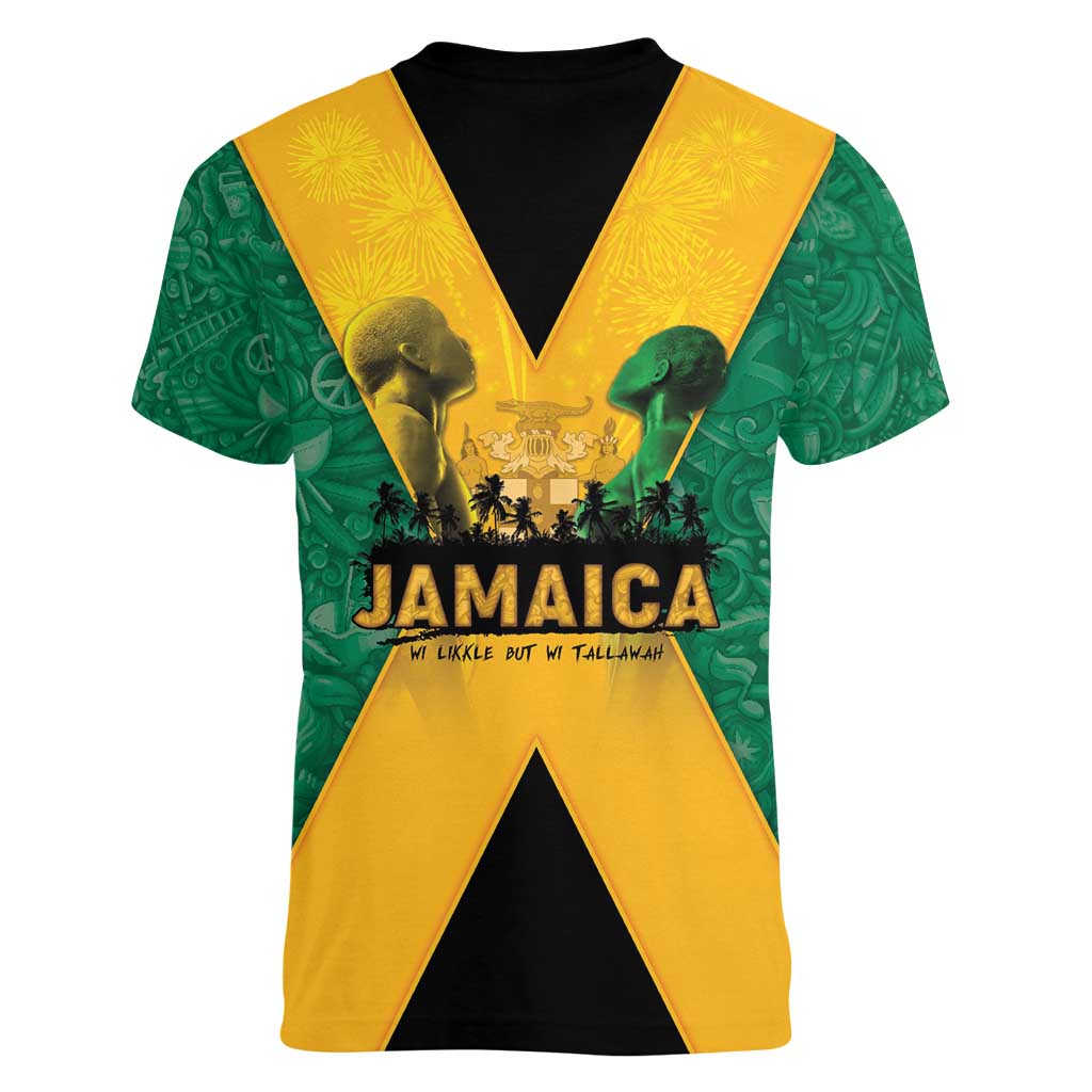 Jamaica Emancipation Day Women V-Neck T-Shirt Wi Likkle But Wi Tallawah - Wonder Print Shop