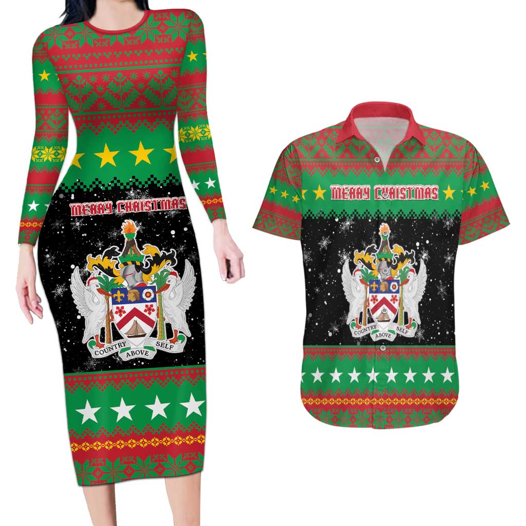 Saint Kitts And Nevis Christmas Couples Matching Long Sleeve Bodycon Dress and Hawaiian Shirt Coat Of Arms Xmas Vibe - Wonder Print Shop