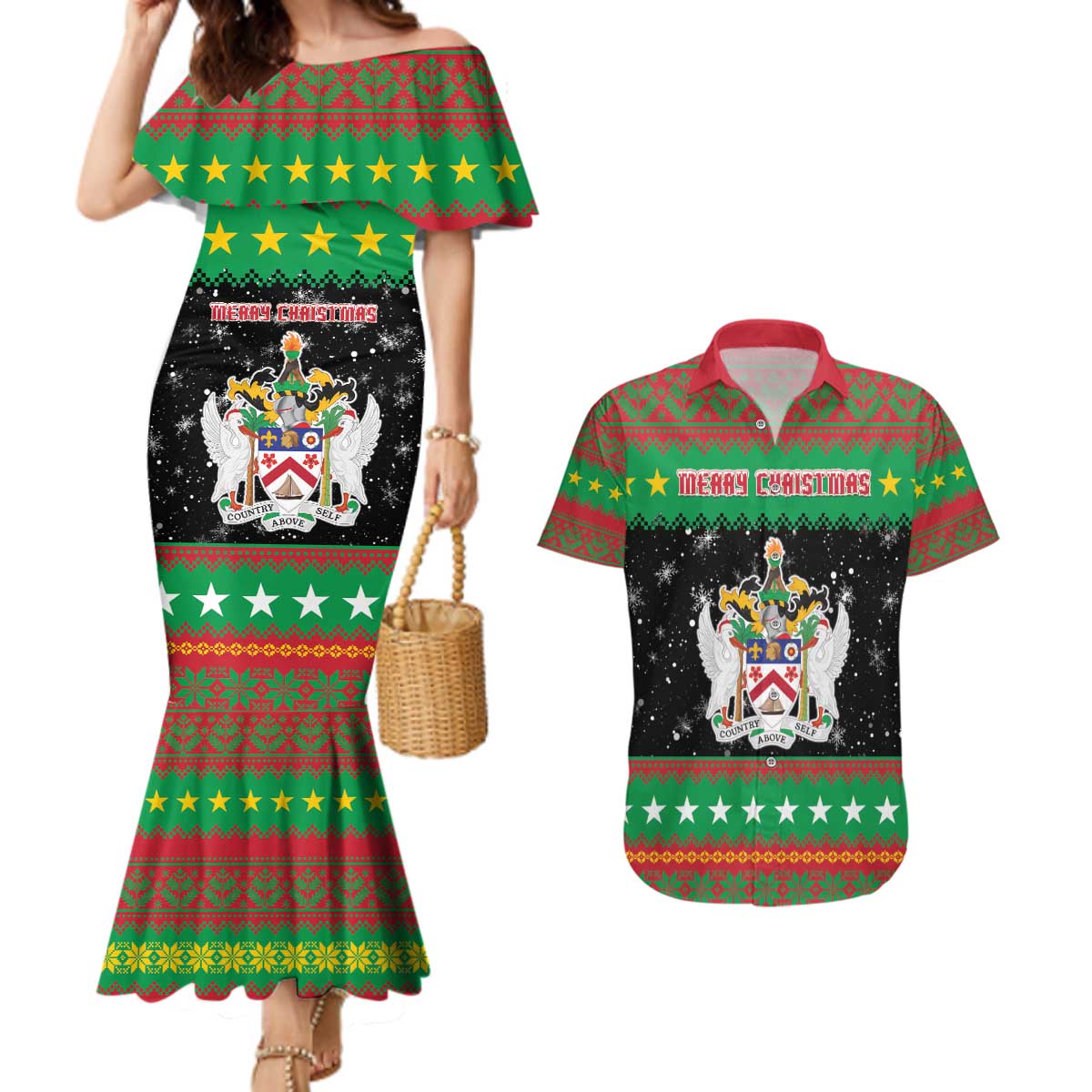 Saint Kitts And Nevis Christmas Couples Matching Mermaid Dress and Hawaiian Shirt Coat Of Arms Xmas Vibe - Wonder Print Shop