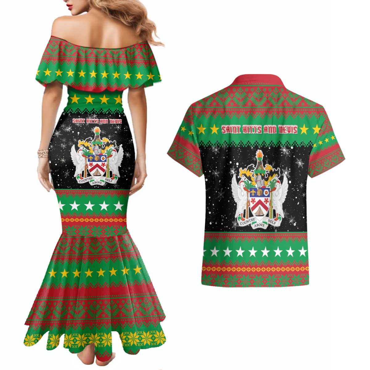 Saint Kitts And Nevis Christmas Couples Matching Mermaid Dress and Hawaiian Shirt Coat Of Arms Xmas Vibe - Wonder Print Shop