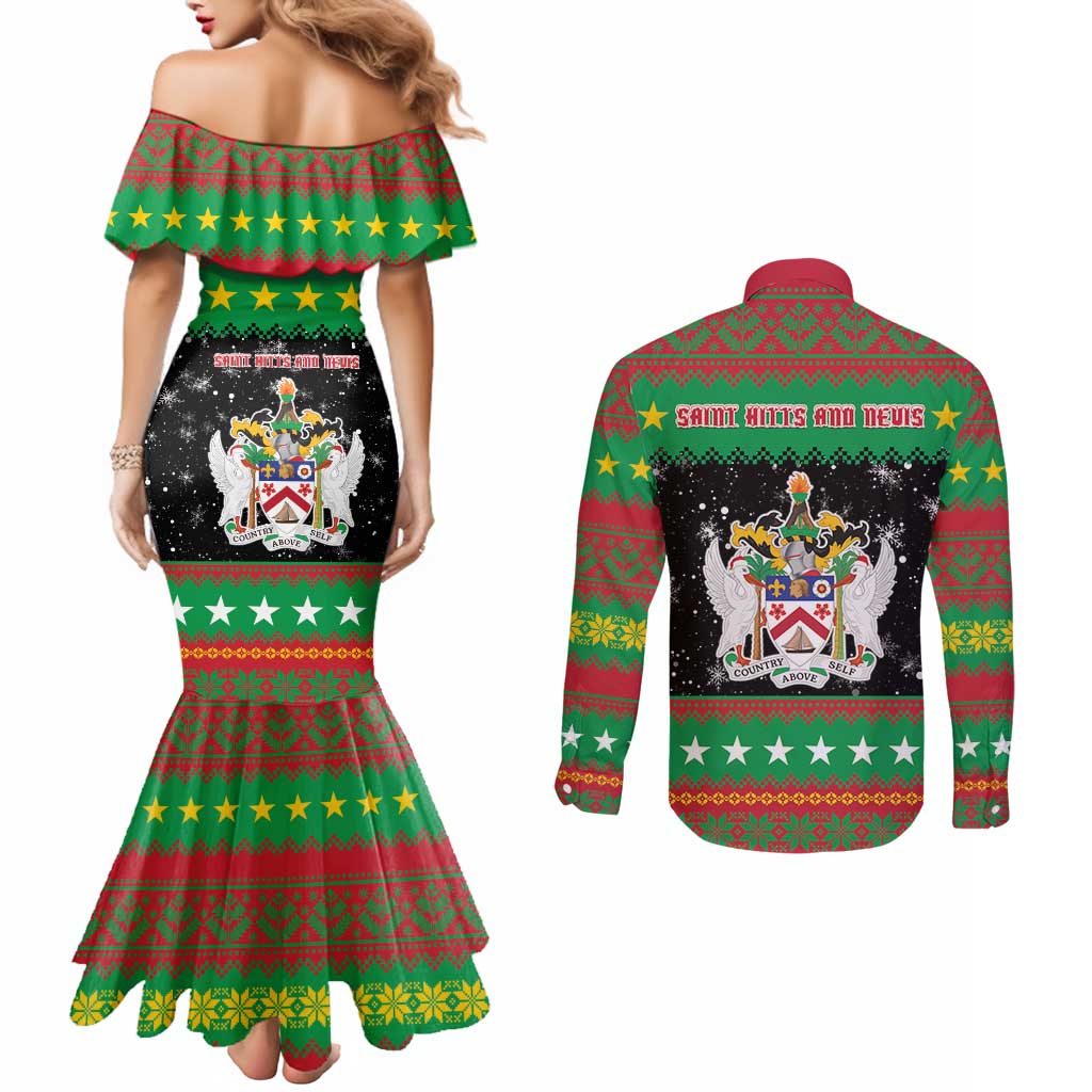 Saint Kitts And Nevis Christmas Couples Matching Mermaid Dress and Long Sleeve Button Shirt Coat Of Arms Xmas Vibe - Wonder Print Shop