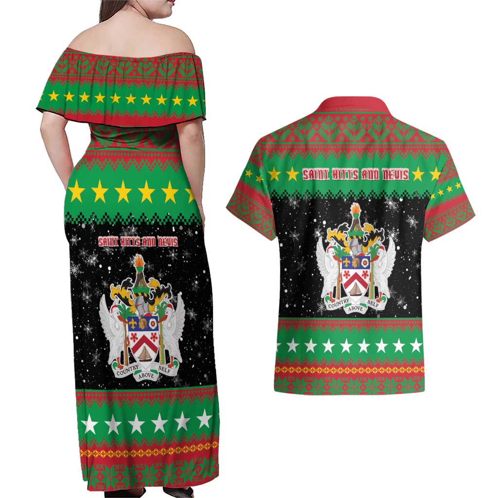 Saint Kitts And Nevis Christmas Couples Matching Off Shoulder Maxi Dress and Hawaiian Shirt Coat Of Arms Xmas Vibe - Wonder Print Shop