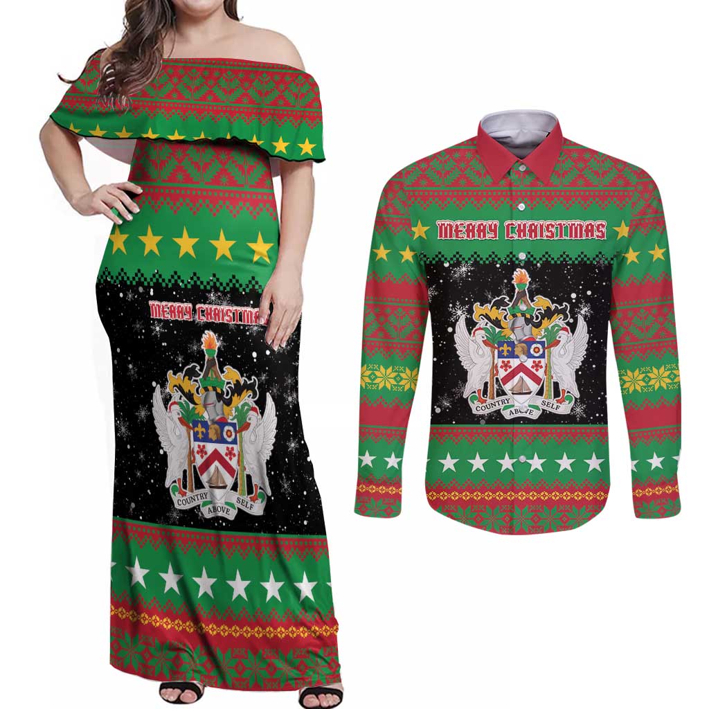 Saint Kitts And Nevis Christmas Couples Matching Off Shoulder Maxi Dress and Long Sleeve Button Shirt Coat Of Arms Xmas Vibe - Wonder Print Shop