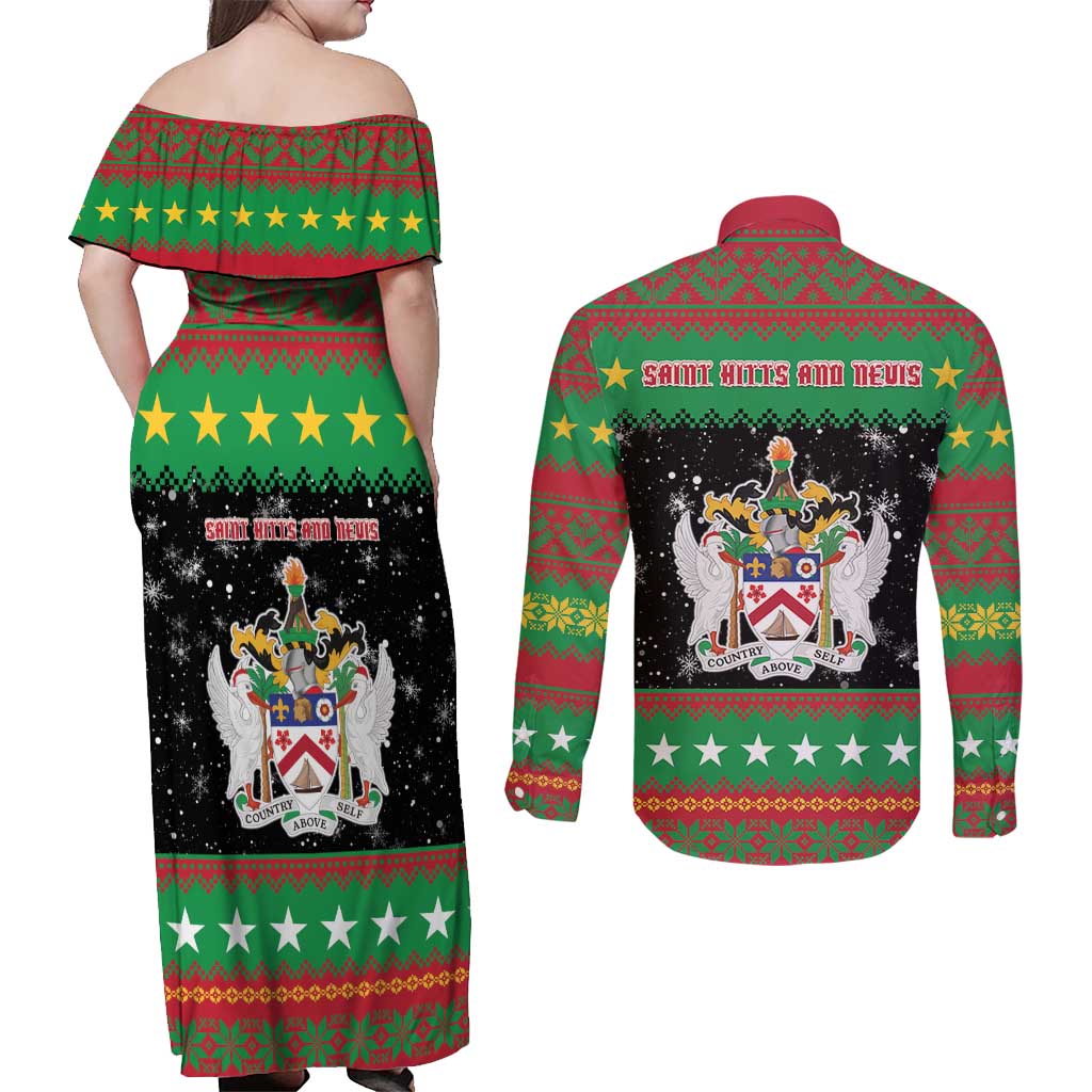 Saint Kitts And Nevis Christmas Couples Matching Off Shoulder Maxi Dress and Long Sleeve Button Shirt Coat Of Arms Xmas Vibe - Wonder Print Shop