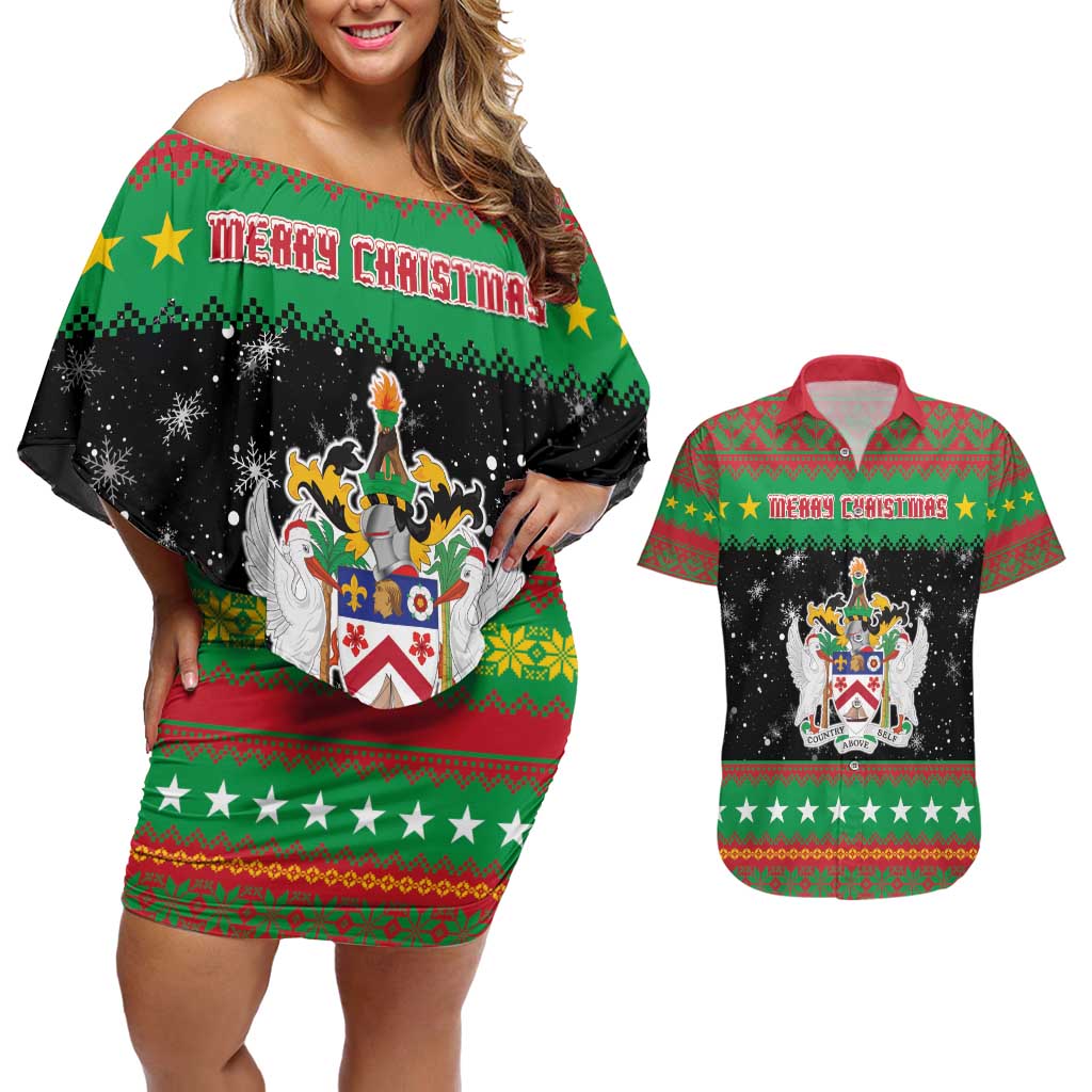 Saint Kitts And Nevis Christmas Couples Matching Off Shoulder Short Dress and Hawaiian Shirt Coat Of Arms Xmas Vibe - Wonder Print Shop