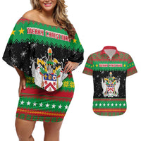 Saint Kitts And Nevis Christmas Couples Matching Off Shoulder Short Dress and Hawaiian Shirt Coat Of Arms Xmas Vibe - Wonder Print Shop