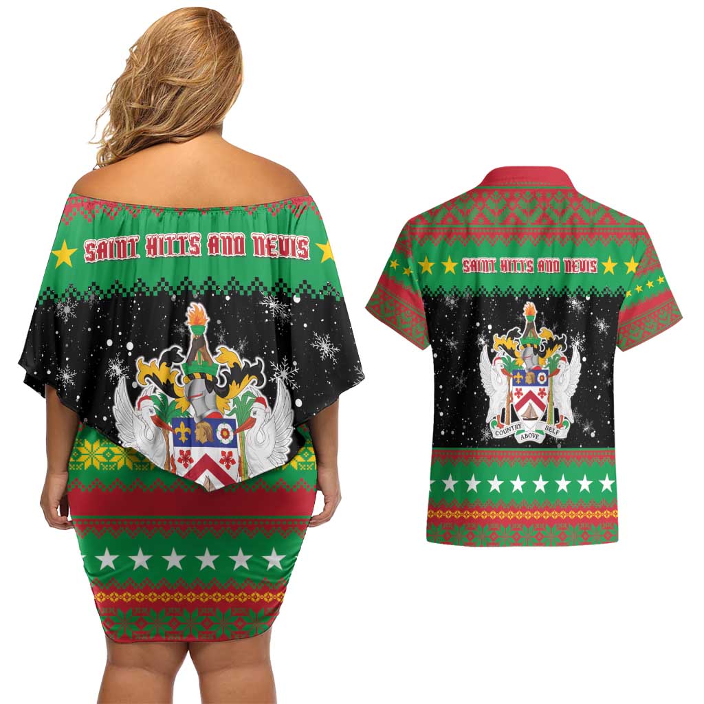 Saint Kitts And Nevis Christmas Couples Matching Off Shoulder Short Dress and Hawaiian Shirt Coat Of Arms Xmas Vibe - Wonder Print Shop