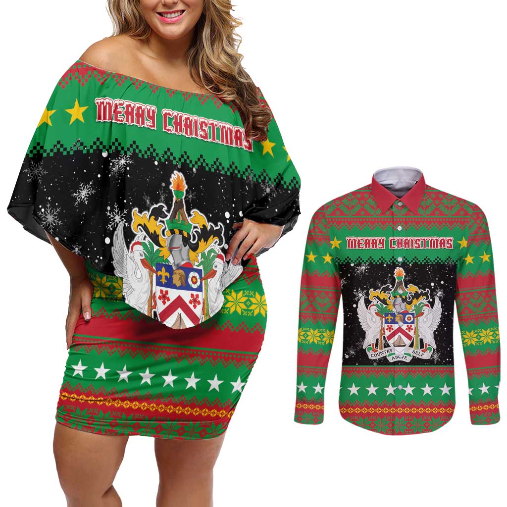 Saint Kitts And Nevis Christmas Couples Matching Off Shoulder Short Dress and Long Sleeve Button Shirt Coat Of Arms Xmas Vibe - Wonder Print Shop