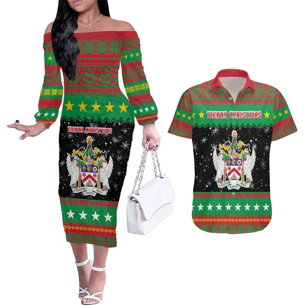 Saint Kitts And Nevis Christmas Couples Matching Off The Shoulder Long Sleeve Dress and Hawaiian Shirt Coat Of Arms Xmas Vibe - Wonder Print Shop