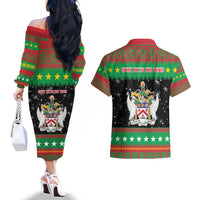 Saint Kitts And Nevis Christmas Couples Matching Off The Shoulder Long Sleeve Dress and Hawaiian Shirt Coat Of Arms Xmas Vibe - Wonder Print Shop