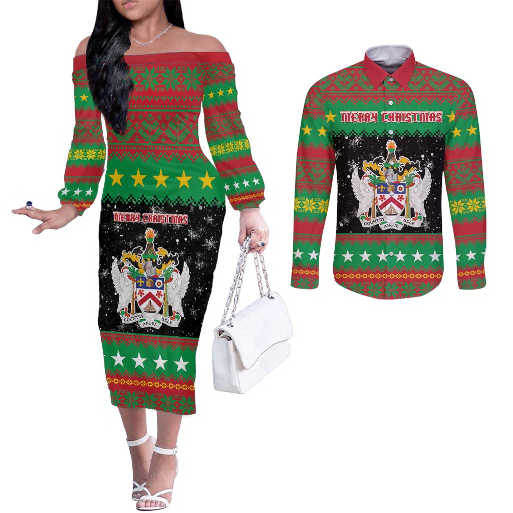 Saint Kitts And Nevis Christmas Couples Matching Off The Shoulder Long Sleeve Dress and Long Sleeve Button Shirt Coat Of Arms Xmas Vibe - Wonder Print Shop