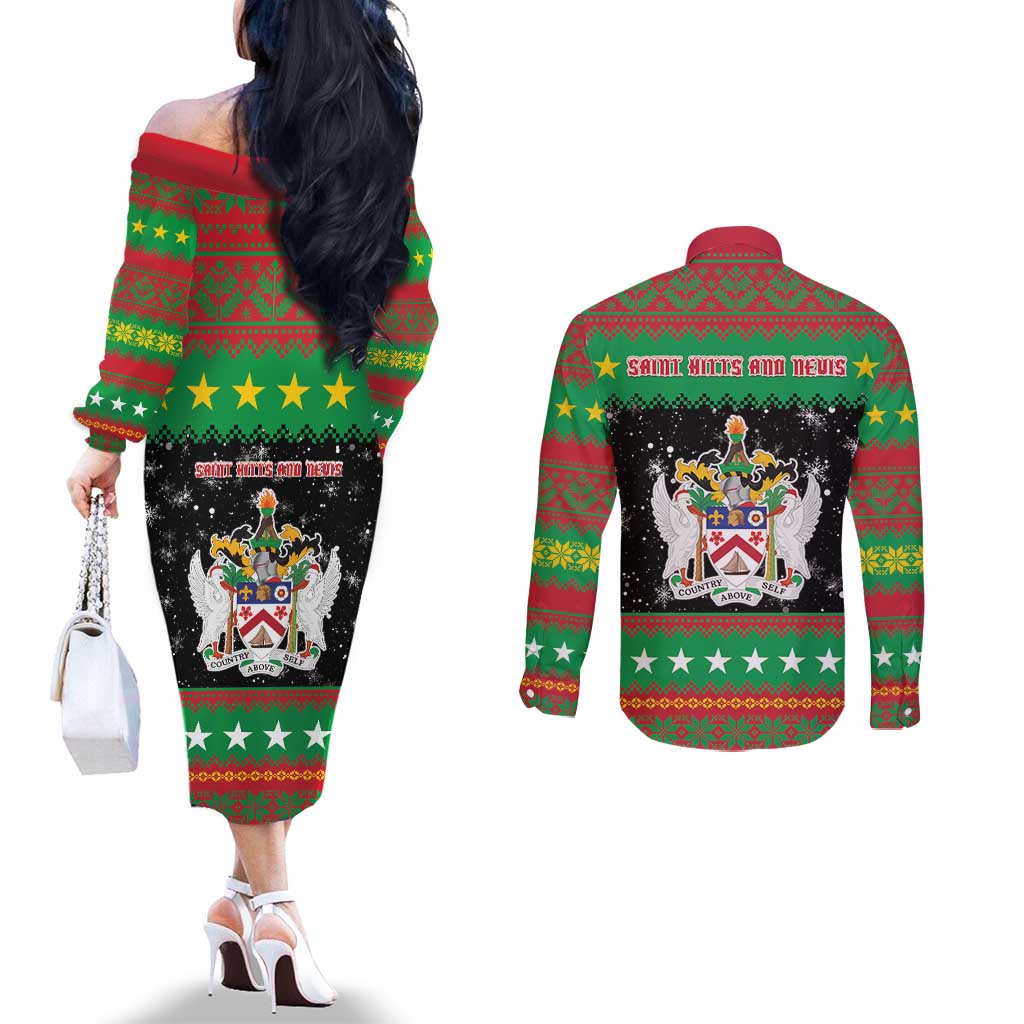 Saint Kitts And Nevis Christmas Couples Matching Off The Shoulder Long Sleeve Dress and Long Sleeve Button Shirt Coat Of Arms Xmas Vibe - Wonder Print Shop