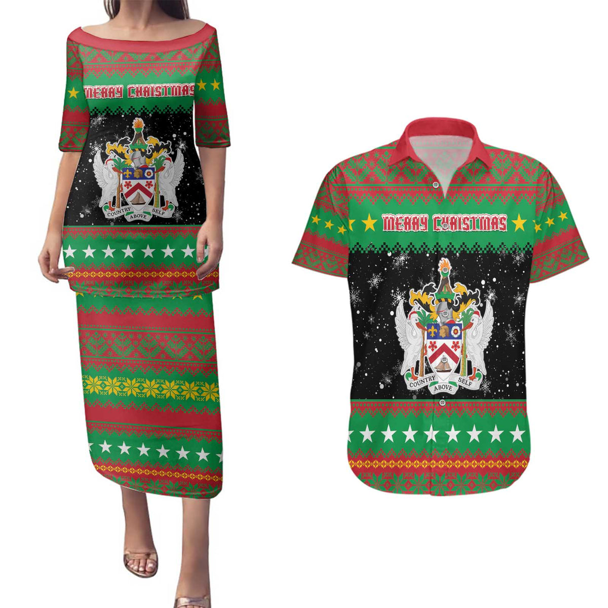 Saint Kitts And Nevis Christmas Couples Matching Puletasi and Hawaiian Shirt Coat Of Arms Xmas Vibe - Wonder Print Shop