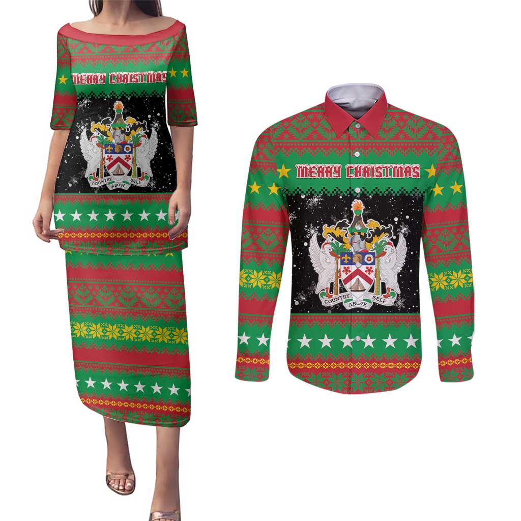 Saint Kitts And Nevis Christmas Couples Matching Puletasi and Long Sleeve Button Shirt Coat Of Arms Xmas Vibe - Wonder Print Shop