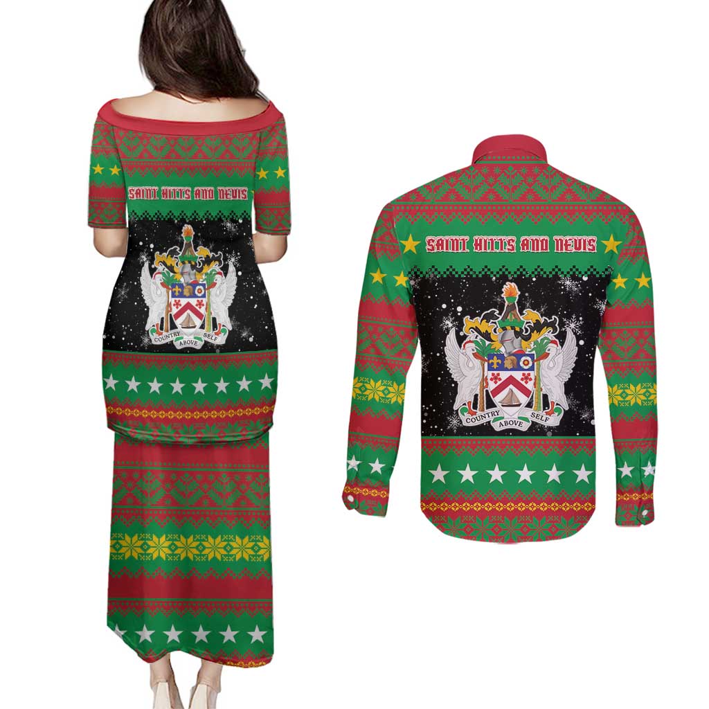 Saint Kitts And Nevis Christmas Couples Matching Puletasi and Long Sleeve Button Shirt Coat Of Arms Xmas Vibe - Wonder Print Shop