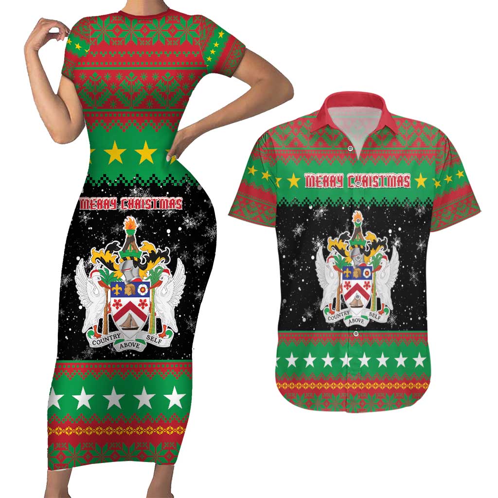 Saint Kitts And Nevis Christmas Couples Matching Short Sleeve Bodycon Dress and Hawaiian Shirt Coat Of Arms Xmas Vibe - Wonder Print Shop