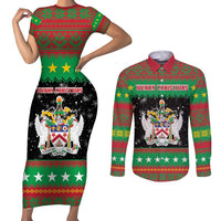 Saint Kitts And Nevis Christmas Couples Matching Short Sleeve Bodycon Dress and Long Sleeve Button Shirt Coat Of Arms Xmas Vibe - Wonder Print Shop