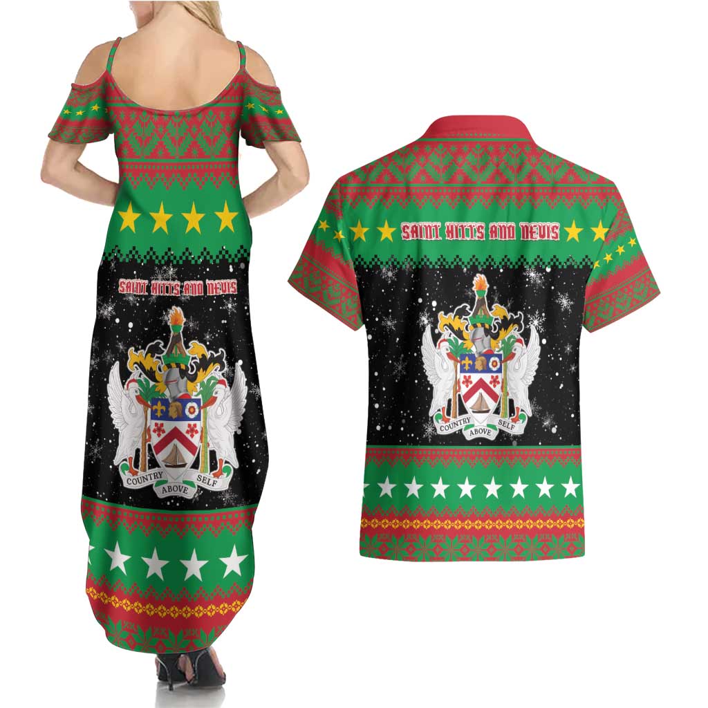 Saint Kitts And Nevis Christmas Couples Matching Summer Maxi Dress and Hawaiian Shirt Coat Of Arms Xmas Vibe - Wonder Print Shop