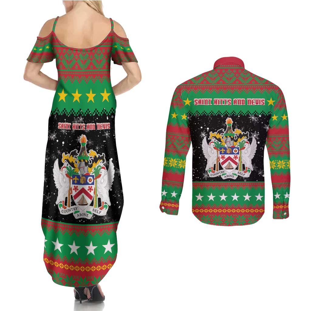 Saint Kitts And Nevis Christmas Couples Matching Summer Maxi Dress and Long Sleeve Button Shirt Coat Of Arms Xmas Vibe - Wonder Print Shop