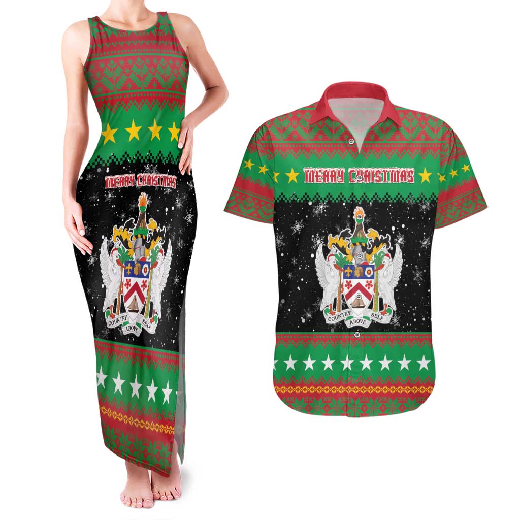 Saint Kitts And Nevis Christmas Couples Matching Tank Maxi Dress and Hawaiian Shirt Coat Of Arms Xmas Vibe - Wonder Print Shop
