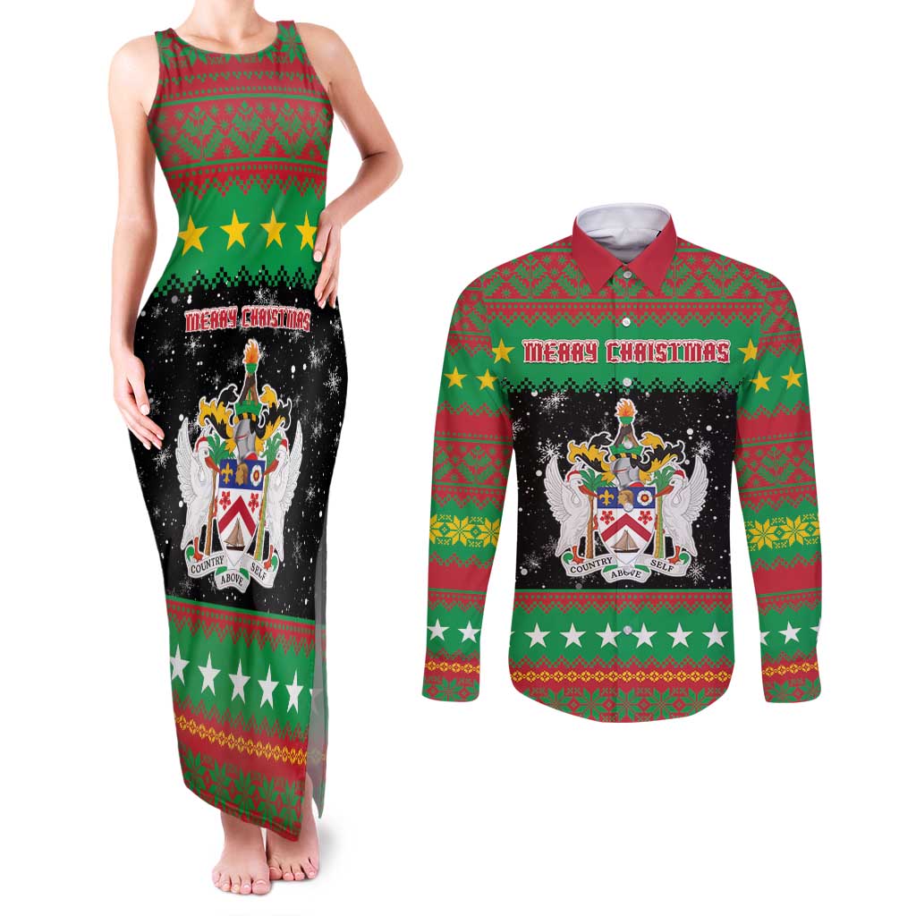 Saint Kitts And Nevis Christmas Couples Matching Tank Maxi Dress and Long Sleeve Button Shirt Coat Of Arms Xmas Vibe - Wonder Print Shop