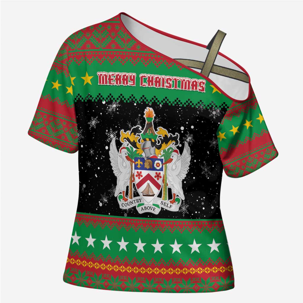 Saint Kitts And Nevis Christmas Cross Shoulder Shirt Coat Of Arms Xmas Vibe - Wonder Print Shop