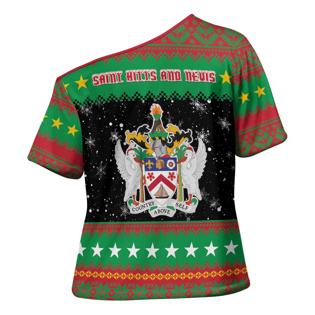Saint Kitts And Nevis Christmas Cross Shoulder Shirt Coat Of Arms Xmas Vibe - Wonder Print Shop