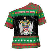 Saint Kitts And Nevis Christmas Cross Shoulder Shirt Coat Of Arms Xmas Vibe - Wonder Print Shop