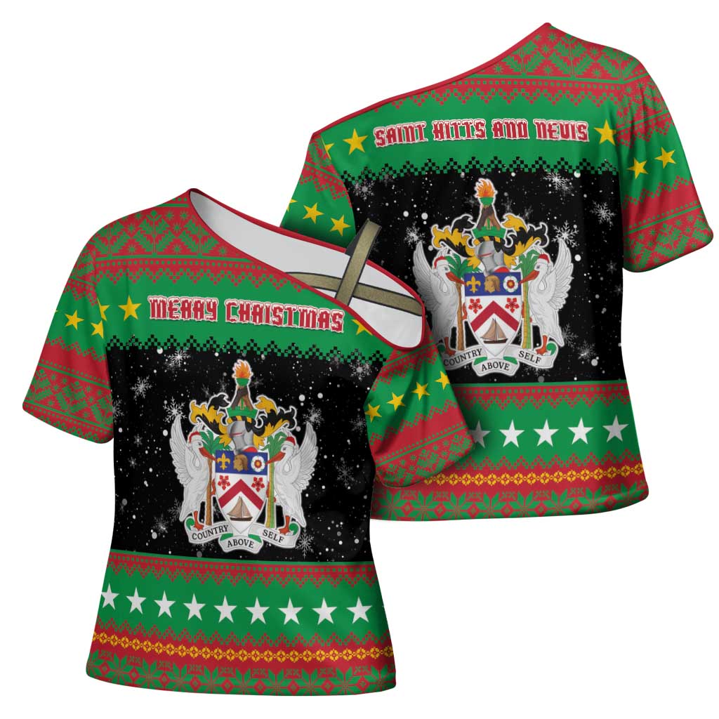 Saint Kitts And Nevis Christmas Cross Shoulder Shirt Coat Of Arms Xmas Vibe - Wonder Print Shop