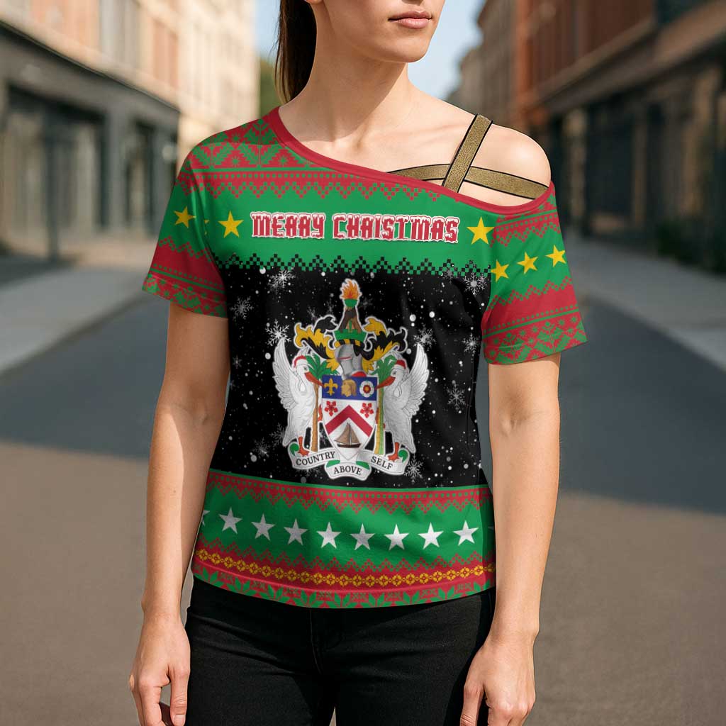 Saint Kitts And Nevis Christmas Cross Shoulder Shirt Coat Of Arms Xmas Vibe - Wonder Print Shop