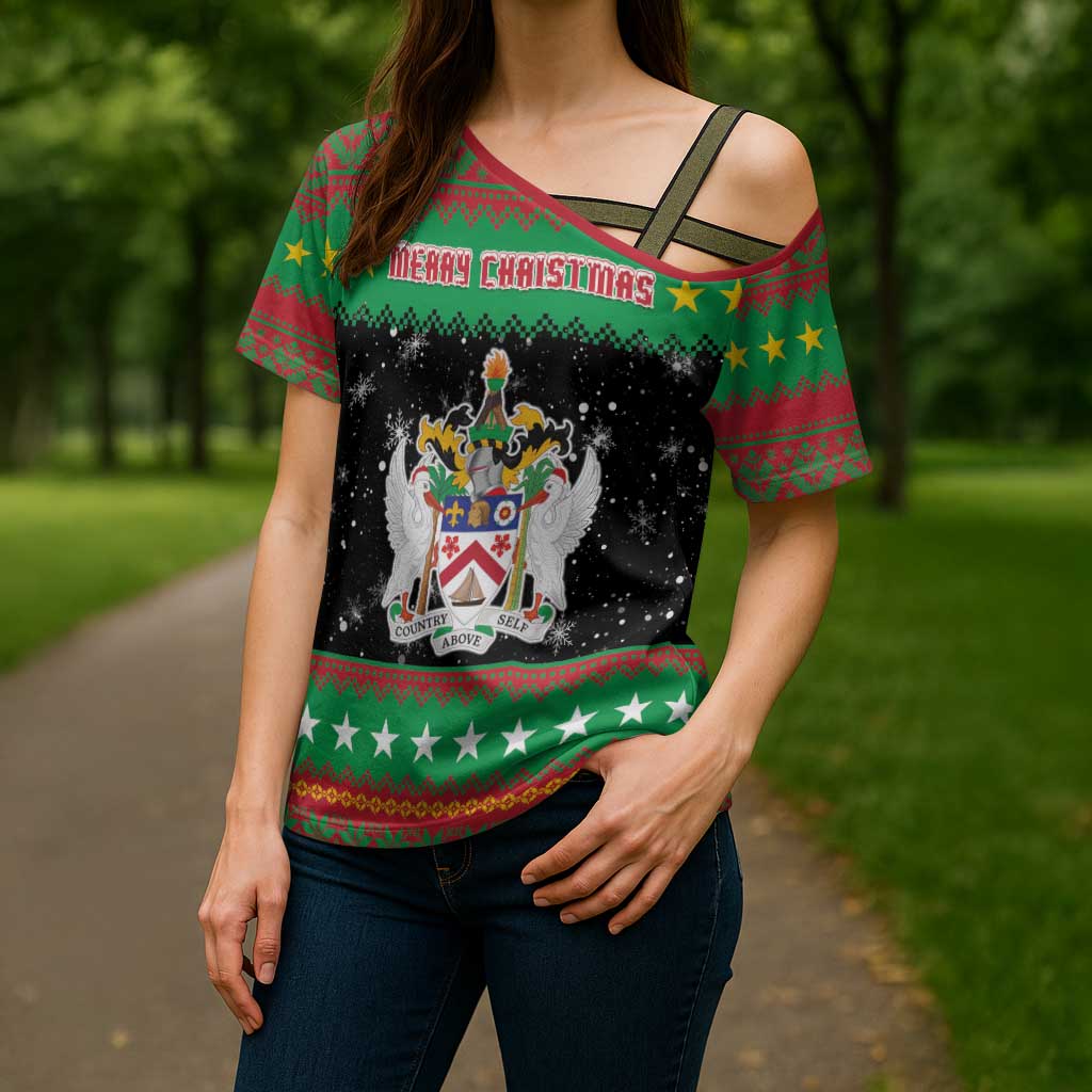 Saint Kitts And Nevis Christmas Cross Shoulder Shirt Coat Of Arms Xmas Vibe - Wonder Print Shop