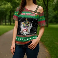 Saint Kitts And Nevis Christmas Cross Shoulder Shirt Coat Of Arms Xmas Vibe - Wonder Print Shop