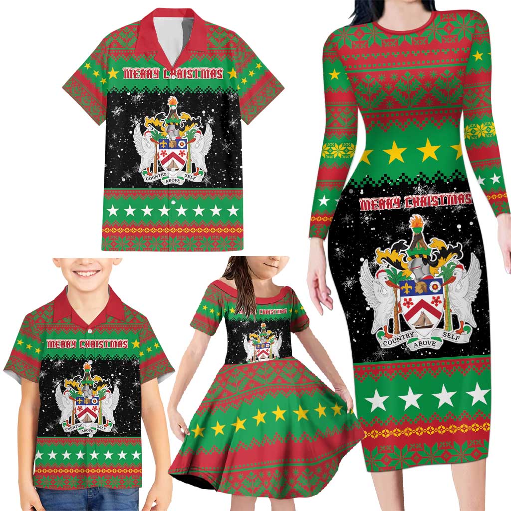 Saint Kitts And Nevis Christmas Family Matching Long Sleeve Bodycon Dress and Hawaiian Shirt Coat Of Arms Xmas Vibe - Wonder Print Shop