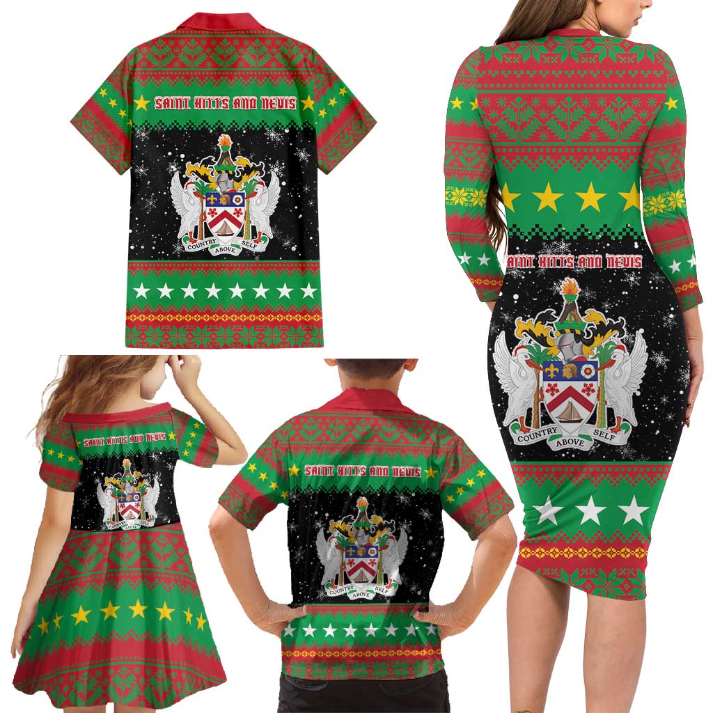 Saint Kitts And Nevis Christmas Family Matching Long Sleeve Bodycon Dress and Hawaiian Shirt Coat Of Arms Xmas Vibe - Wonder Print Shop