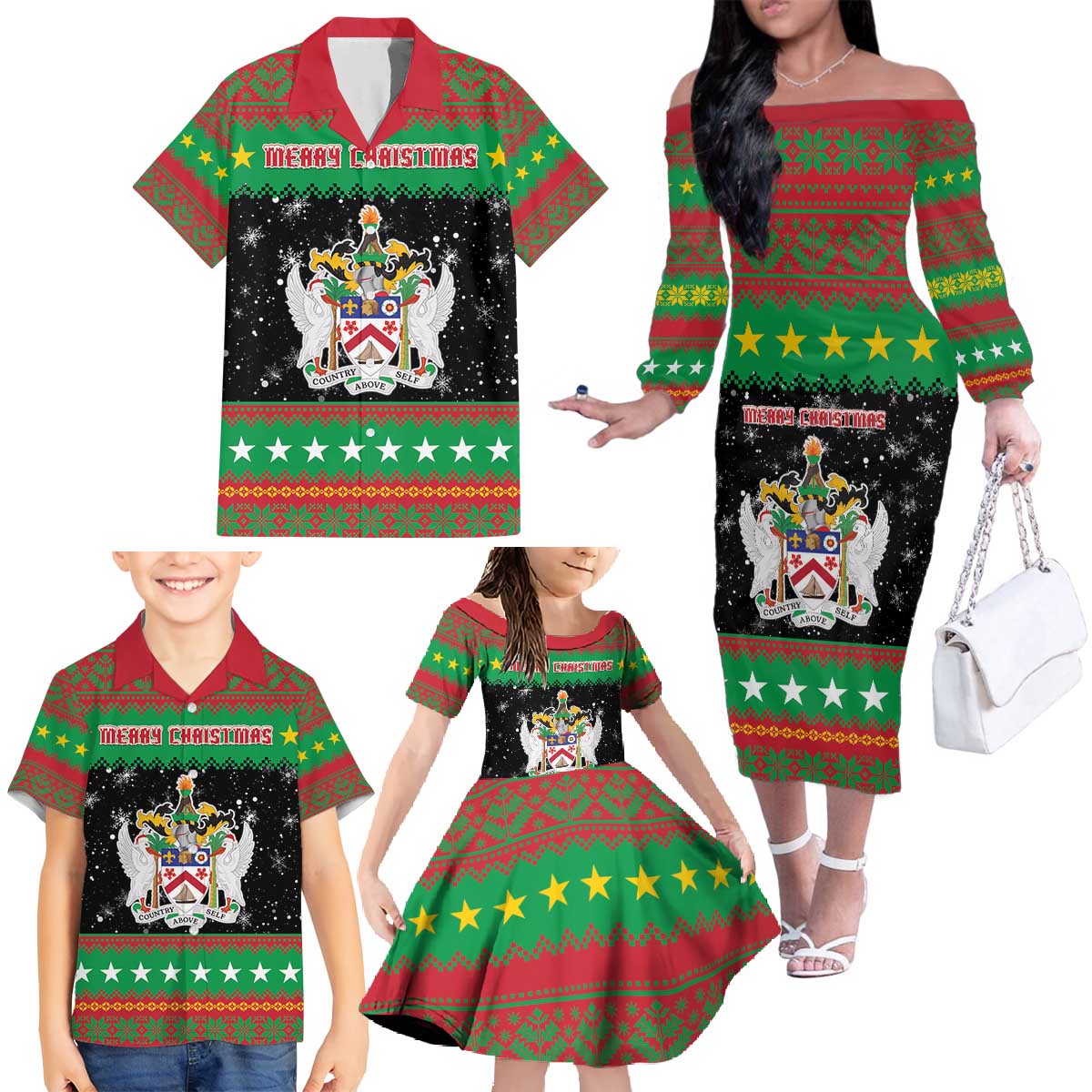Saint Kitts And Nevis Christmas Family Matching Off The Shoulder Long Sleeve Dress and Hawaiian Shirt Coat Of Arms Xmas Vibe - Wonder Print Shop