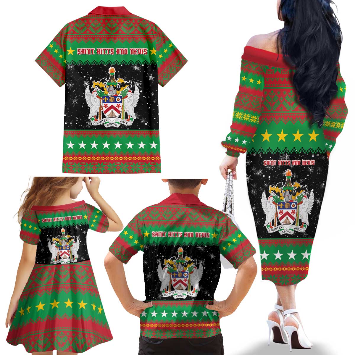 Saint Kitts And Nevis Christmas Family Matching Off The Shoulder Long Sleeve Dress and Hawaiian Shirt Coat Of Arms Xmas Vibe - Wonder Print Shop