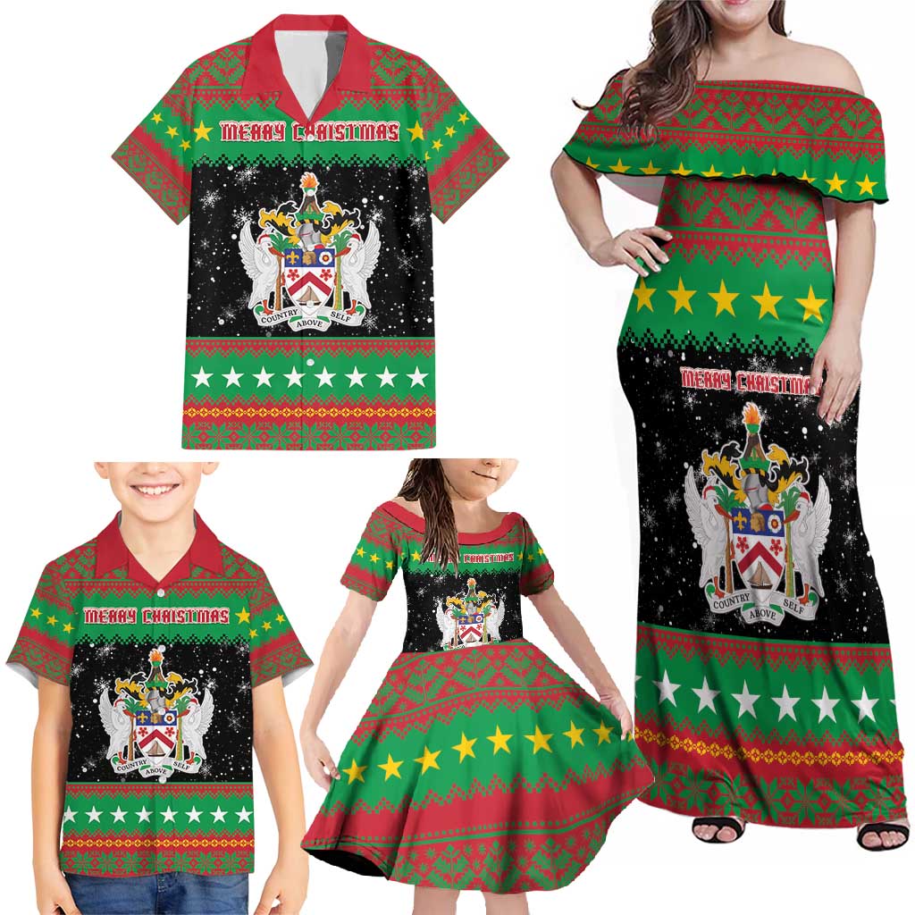 Saint Kitts And Nevis Christmas Family Matching Off Shoulder Maxi Dress and Hawaiian Shirt Coat Of Arms Xmas Vibe - Wonder Print Shop
