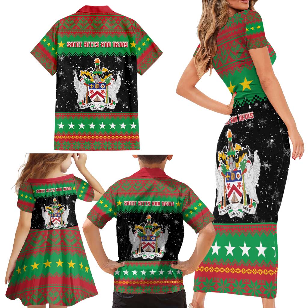 Saint Kitts And Nevis Christmas Family Matching Short Sleeve Bodycon Dress and Hawaiian Shirt Coat Of Arms Xmas Vibe - Wonder Print Shop