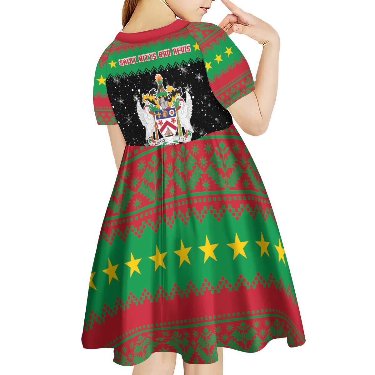 Saint Kitts And Nevis Christmas Kid Short Sleeve Dress Coat Of Arms Xmas Vibe - Wonder Print Shop