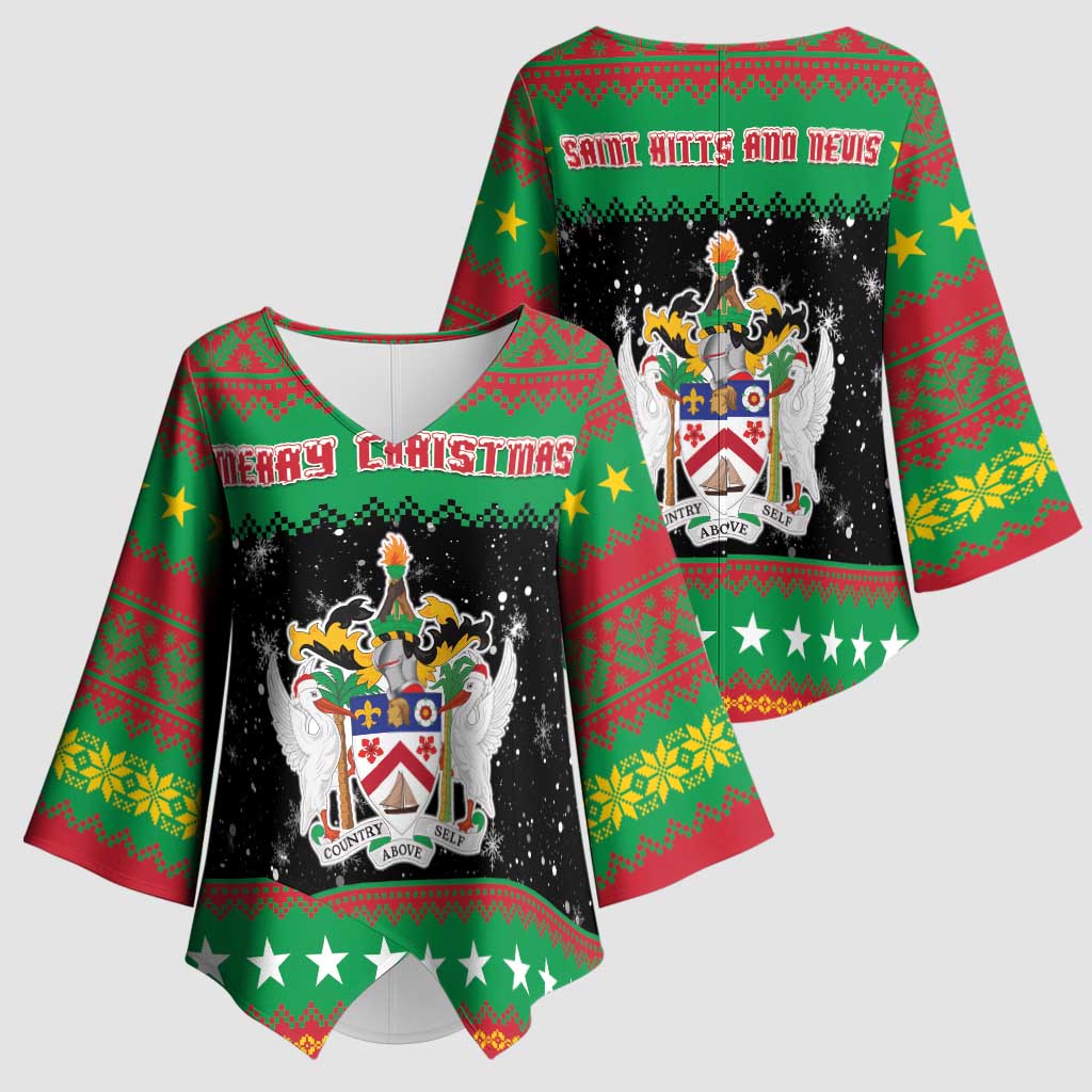 Saint Kitts And Nevis Christmas Kimono Sleeve Blouse Coat Of Arms Xmas Vibe - Wonder Print Shop